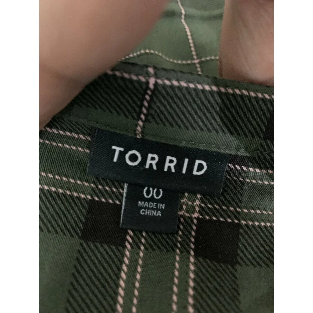 Torrid Womens 3/4 Sleeve Roll Tab Army Green Plaid Button Down Top Shirt Plus 00 - Picture 8 of 8